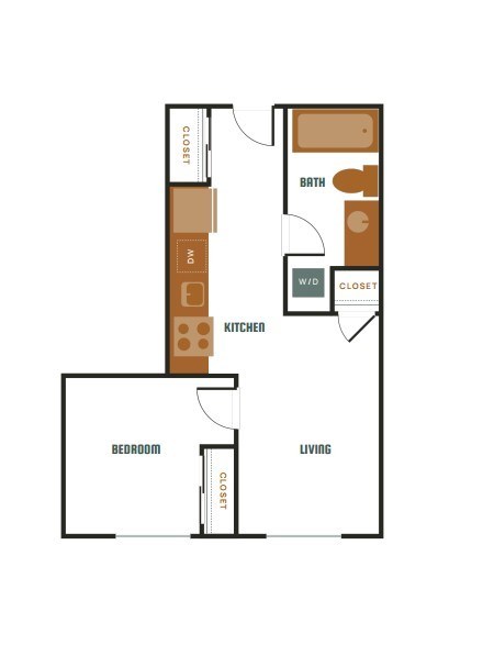 A floor plan of a small apartment with a bedroom, kitchen, and bathroom.